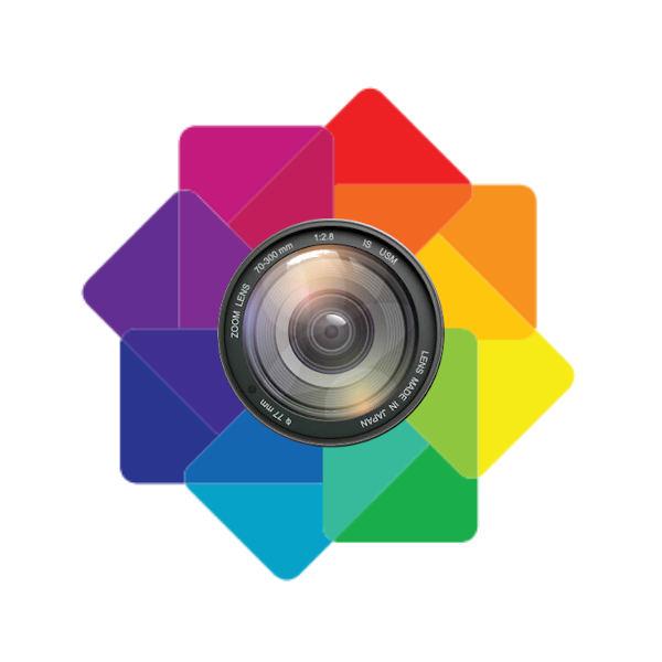 Le logo est représenté par un objectif photographique entouré par des triangles multi-couleurs
